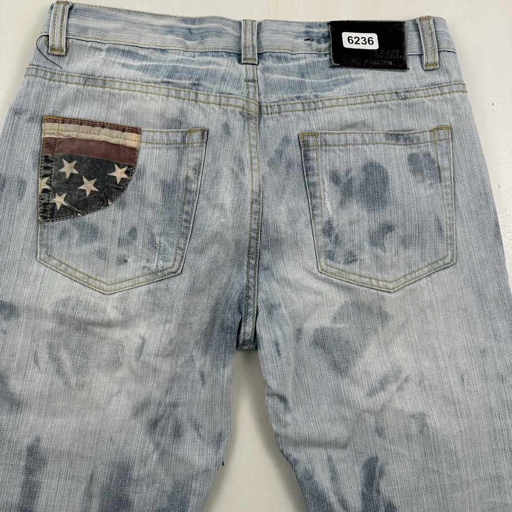VTG Y2K CJ Black Low Rise Boot Jeans Men 32x34 Blue US Flag America‎ Distressed